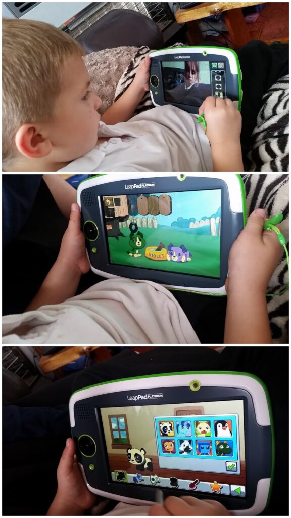 A child sits holding a LeapPad Ultra tablet, playing various educational games. The first screen shows a video call, the second displays animated animal characters, and the third features a matching puzzle game with animal faces.