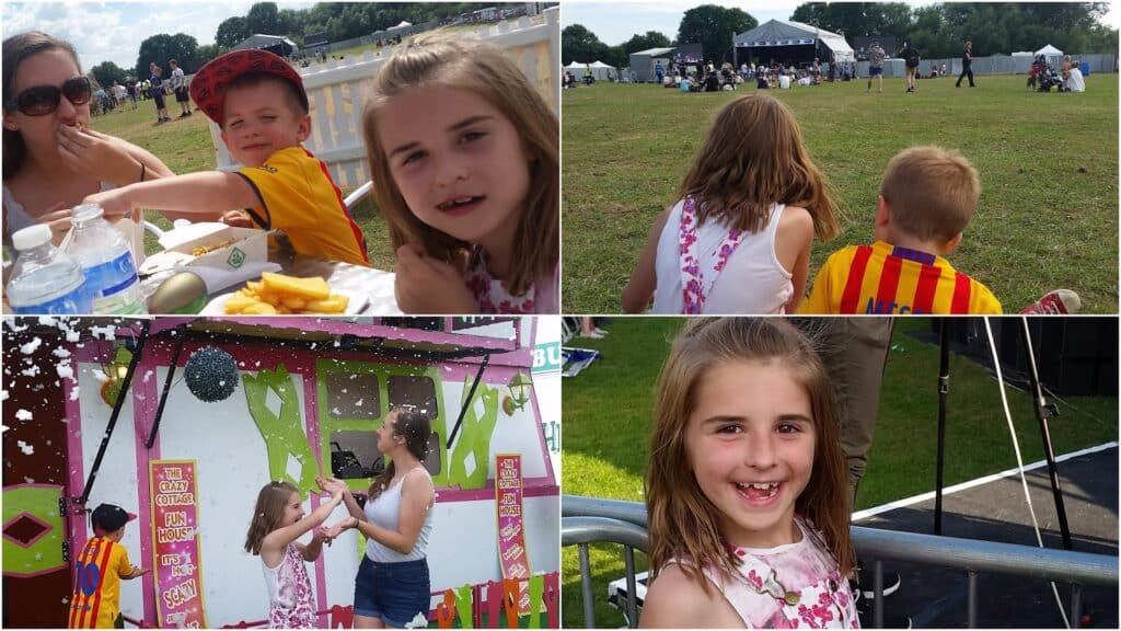 A collage of four photos shows two children and a woman at an outdoor event: eating at a picnic table, watching a stage, playing by a colourful booth with foam, and a girl smiling near a metal barrier, all on a sunny day in a grassy area.