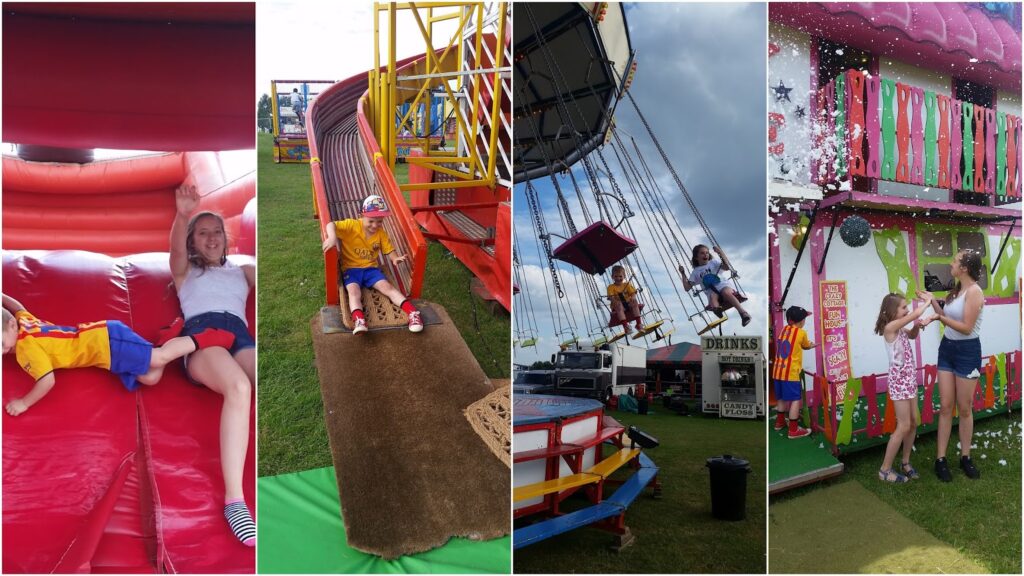 A collage of four photos at a fair: kids slide down a red inflatable, a boy sits on a hessian mat at a slide exit, children ride a spinning swing ride, and two girls play in front of a pink funhouse whilst foam or confetti falls around them.