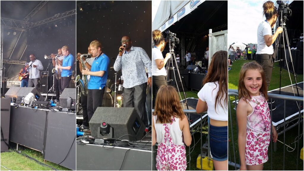 A collage shows: a band performing on stage with instruments and microphones; close-up of performers; people filming and taking photos near the stage; two young girls, one facing the stage and one smiling at the camera, both wearing summer clothes, outdoors at a festival.