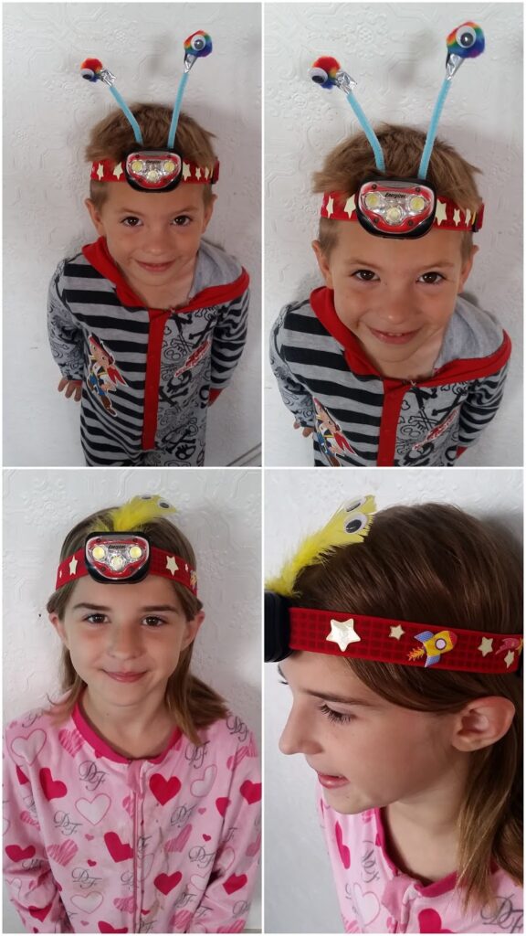 Four photos show two smiling children wearing colourful homemade headbands with googly eyes on springs and decorative stars. The boy wears a striped hoodie; the girl wears pink pyjamas with hearts. Both headbands have space-themed accents and fun designs.