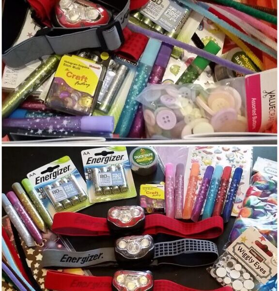 Two images show a collection of craft supplies and tools. Items include red-and-black head torches, Energizer batteries, glitter glue tubes, coloured buttons, patterned paper, washi tape, coloured markers, and various small containers of art materials.