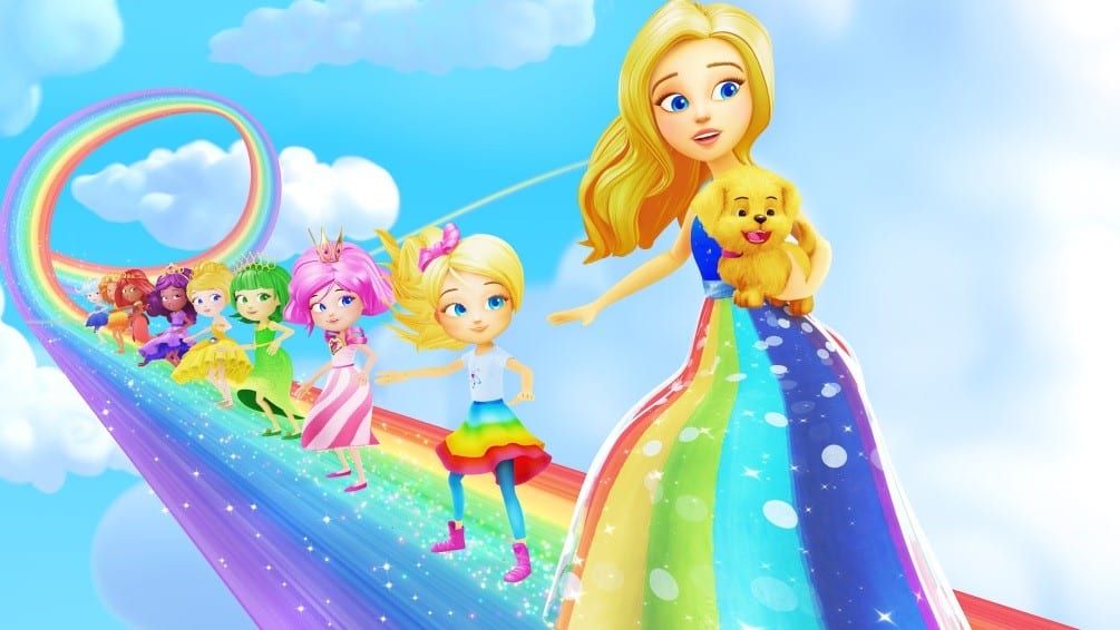 A blonde woman in a rainbow dress holds a puppy, leading six children in colourful outfits across a glowing rainbow path in a bright, cloudy sky. The scene is vibrant and whimsical, with diverse characters and a magical atmosphere.