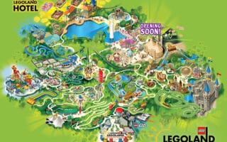 Illustrated map of LEGOLAND Windsor Resort showing colourful themed zones, attractions, rides, hotels, pathways, lakes, LEGO structures, a castle, and the "Opening Soon!" area. LEGOLAND Hotel and Resort logos are at the top left and bottom right corners, respectively.