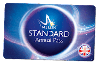 A blue Merlin Standard Annual Pass card with a glowing circular design, white and blue swirls, the Merlin logo, and the words “STANDARD Annual Pass” in white text. A small UK flag emblem is in the lower right-hand corner.