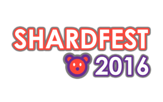 Logo with the word "SHARDFEST" in bold red and white letters above a stylised purple and red bear face. The number "2016" is shown in bold purple numerals to the right of the bear face, all on a light grey background.