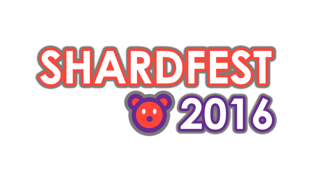 Bold red text “SHARDFEST” is above a stylised purple bear face icon with red features, followed by large purple text “2016” on a light grey background. All elements have a grey shadow effect.