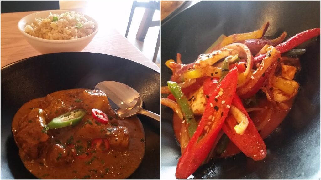 A split image: Left shows a bowl of brown curry with meat, garnished with red and green chilli slices, next to a bowl of rice. Right shows a stir-fry with vibrant red peppers, onions, paneer, and black sesame seeds in a black bowl.