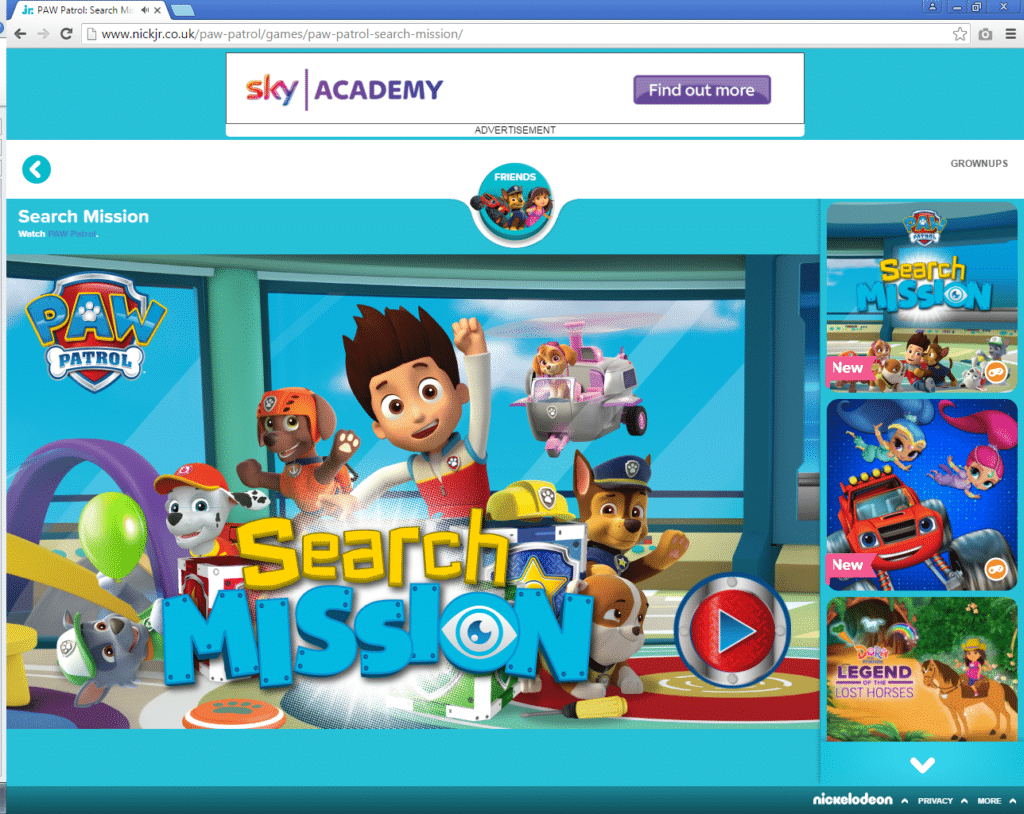 Screenshot of a children's game webpage featuring PAW Patrol characters. The main area shows Ryder and several pups, with "Search Mission" in yellow text. On the right, thumbnails of game options and the PAW Patrol logo are visible. A Sky Academy advert is at the top.