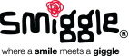 The Smiggle logo appears with "smiggle" in playful, rounded black letters. The dot on the "i" is a red scribble. Below, the tagline reads, "where a smile meets a giggle," with "smile" in bold black and "giggle" in bold grey.