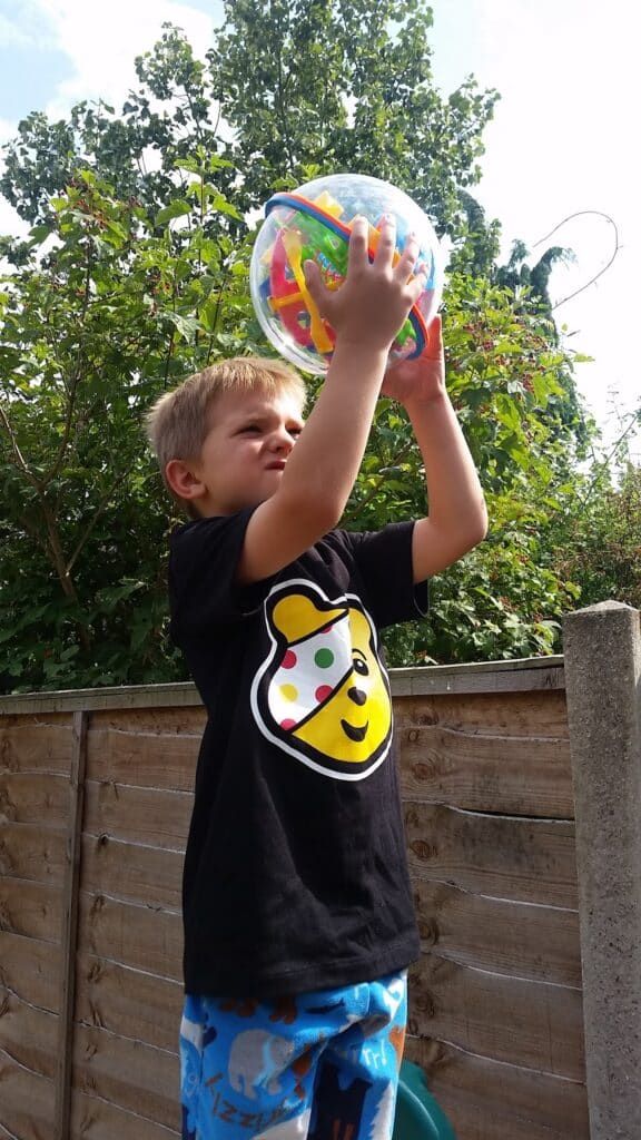 A young boy stands outside in front of a wooden fence, holding a transparent ball with toys inside above his head. He wears a black shirt with a yellow bear face and blue shorts, with green trees and a partly cloudy sky in the background.