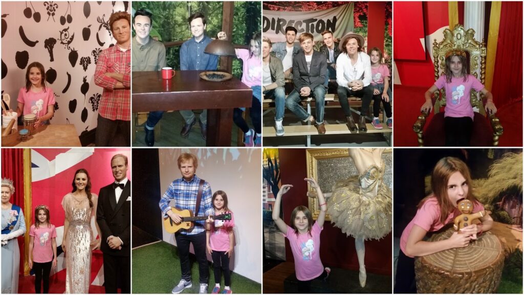 A young girl in a pink shirt poses with various wax figures and displays at a museum, including celebrities, a throne, musical instruments, and costume exhibits, smiling and miming interactions in each scene.