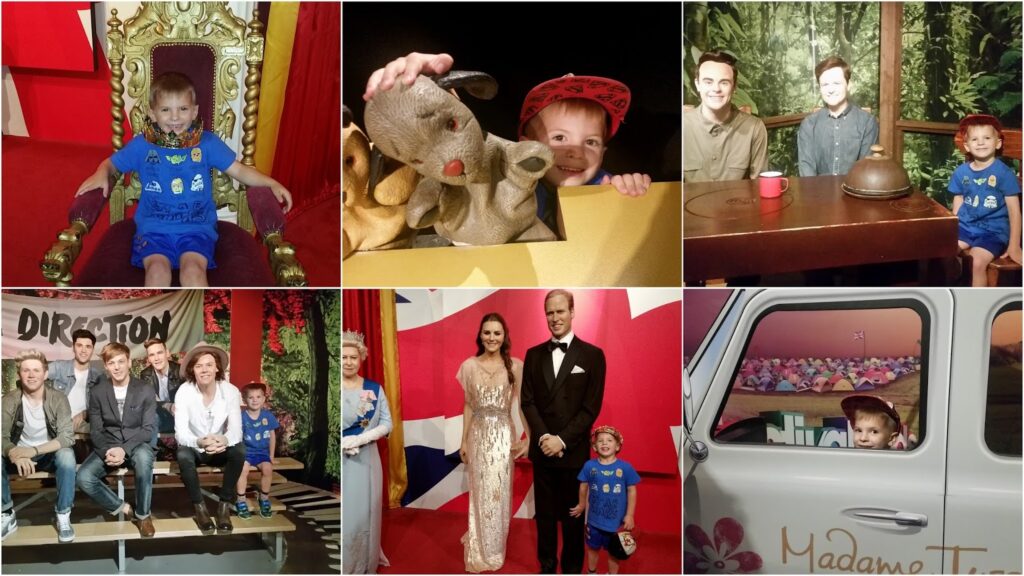 A collage of six photos shows a young boy in blue shorts and a T-shirt posing with various wax figures, sitting in a royal chair, interacting with a puppet, standing by famous figures, and smiling in a van labelled “Madame.” The settings appear playful and museum-like.
