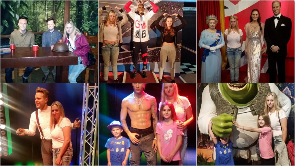A collage of six photos shows a woman and two children posing with various realistic wax figures of celebrities, including musicians, royalty, and Shrek, at what appears to be a wax museum. The group smiles and stands close to each figure.