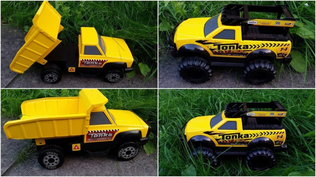 A four-panel collage shows a yellow Tonka toy dump truck with black wheels, photographed outdoors on grass. Two panels show the lorry bed raised, and two show it flat. “Tonka” is printed on the side, along with black and yellow detailing.