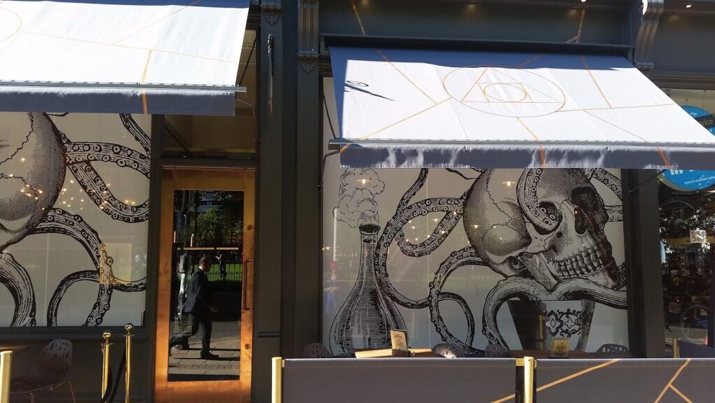 A shopfront with large windows decorated with black-and-white artwork of an octopus entwined with a human skull. Two light awnings cover the upper windows, and a wooden-framed glass door reflects a person taking the photo.