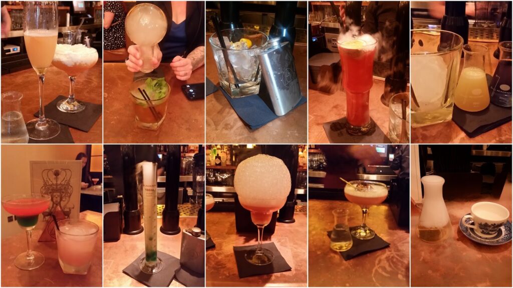 A collage of ten unique cocktails on a bar counter. Each drink features creative elements like bubbles, smoke, layered liquids, large ice, and unusual glassware, highlighting imaginative mixology. Some drinks are served with small side glasses, jugs, or decorative items.