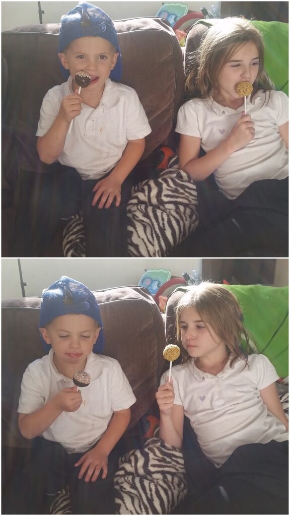 Two children sit on a sofa holding cake pops. The boy, wearing a blue cap backwards, smiles in the top photo and closes his eyes in the bottom; the girl, with light brown hair, looks at him, both dressed in white shirts with sunlight streaming in.