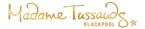 The image shows the Madame Tussauds Blackpool logo in gold script on a light background. "Madame Tussauds" is written in large, flowing cursive, with "BLACKPOOL" in uppercase block letters below and a small gold star at the end.