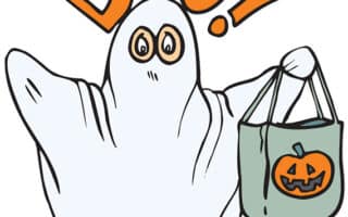 A cartoon child dressed as a ghost in a white sheet holds a green trick-or-treat bag with a jack-o'-lantern face. Above the ghost, large orange letters spell out "BOO!" The ghost has wide eyes and is wearing blue trainers.