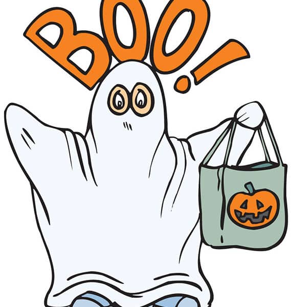 A cartoon child dressed as a ghost in a white sheet holds a green trick-or-treat bag with a jack-o'-lantern face. Above the ghost, large orange letters spell out "BOO!" The ghost has wide eyes and is wearing blue trainers.