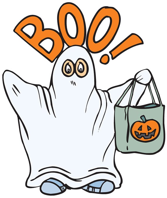 A cartoon child dressed as a ghost in a white sheet holds a green trick-or-treat bag with a jack-o'-lantern face. Above the ghost, large orange letters spell out "BOO!" The ghost has wide eyes and is wearing blue trainers.