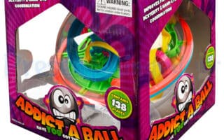 A colourful Addict A Ball puzzle toy in a purple, windowed box. The packaging displays bold text, cartoon eyes, and promotes improved patience, dexterity, and co-ordination. A label notes “Contains 138 stages” and includes a small warning about small parts.