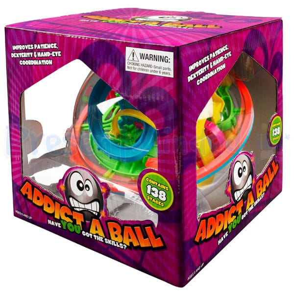 A colourful Addict A Ball puzzle toy in a purple, windowed box. The packaging displays bold text, cartoon eyes, and promotes improved patience, dexterity, and co-ordination. A label notes “Contains 138 stages” and includes a small warning about small parts.