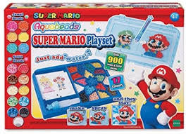 Box of Aquabeads Super Mario Playset showing Mario art creations, over 900 beads in 17 colours, and instructions. The box features Mario pointing, sample completed bead designs, and the slogan “make, spray, and they stay” with “just add water!” on the front.