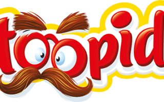 The word "Stoopido" is written in bold, playful red letters outlined in white and yellow. The two O’s look like wide-open, cartoonish blue eyes with thick brown eyebrows above and a large brown moustache below.