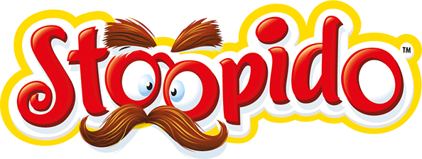 The word "Stoopido" is written in bold, playful red letters outlined in white and yellow. The two O’s look like wide-open, cartoonish blue eyes with thick brown eyebrows above and a large brown moustache below.