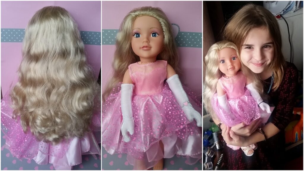A three-part image: left, the back of a blonde doll in a pink dress; centre, the front of the same doll with blue eyes, pink lips, white gloves, and a pink tulle skirt; right, a smiling child holding the doll, both facing the camera.