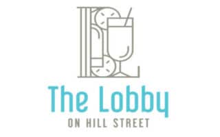 Minimalistic logo for “The Lobby on Hill Street.” The design features outlined snacks and a drink forming the shape of an uppercase "L." Below, “The Lobby” is written in large light blue letters; “ON HILL STREET” appears underneath in smaller grey text.