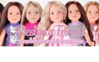 Seven DesignaFriend dolls stand in a row with varied hair colours and styles, each wearing different trendy outfits. Bright lights shine behind them. The text reads “DesignaFriend: Dress her, style her, be her friend.” Chad Valley logo is in the top right.