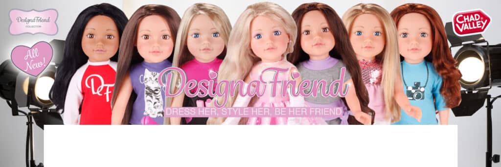 Seven DesignaFriend dolls stand in a row with varied hair colours and styles, each wearing different trendy outfits. Bright lights shine behind them. The text reads “DesignaFriend: Dress her, style her, be her friend.” Chad Valley logo is in the top right.