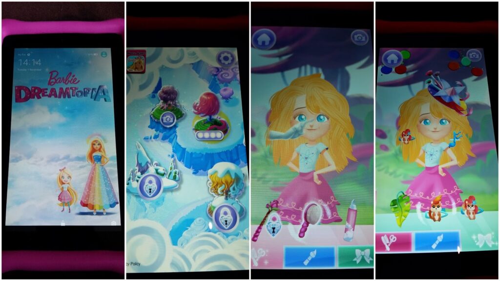 A collage of four tablet screens shows the Barbie Dreamtopia game. The screens feature colourful, whimsical backgrounds with Barbie as a blonde girl in a pink skirt and top. The gameplay includes outfit and hairstyle customisation with various icons and tools.
