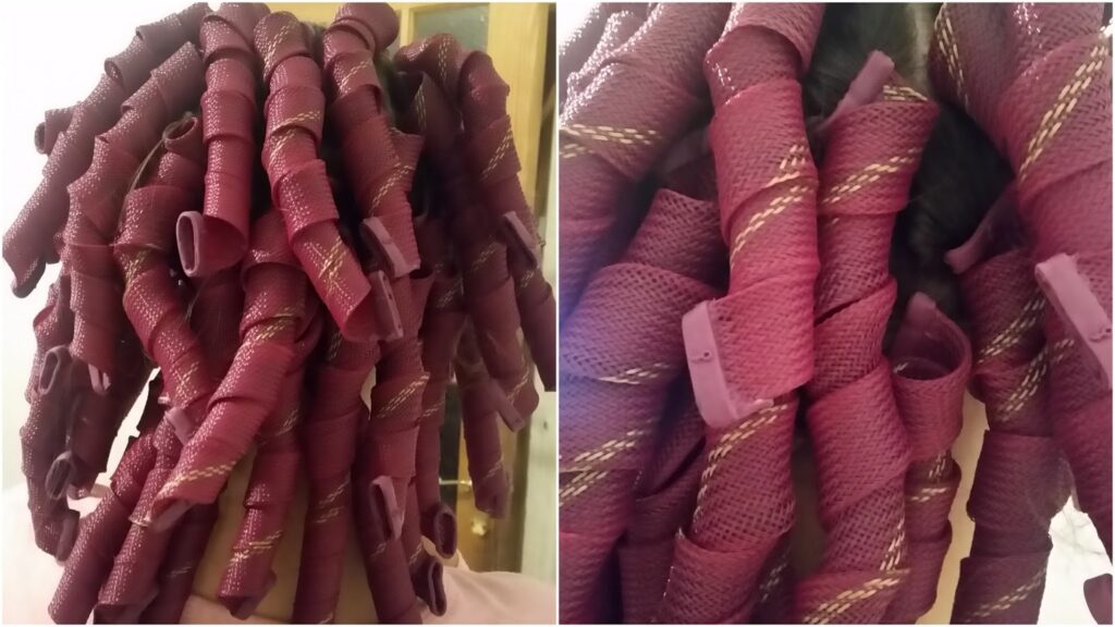 Side-by-side images show tightly coiled, maroon spiral hair rollers with golden stripes wrapped around strands of dark hair. The left image is a wider view, while the right is a close-up, highlighting the texture and openings of the rollers.