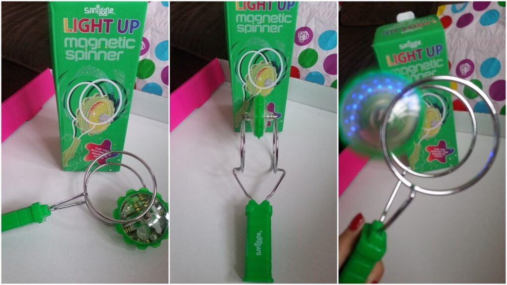 Three photos of a Smiggle Light Up Magnetic Spinner toy in green. First: toy and packaging in a pink tray. Second: spinner standing upright. Third: the spinner spinning, showing blue lights, held by a hand against a patterned background.