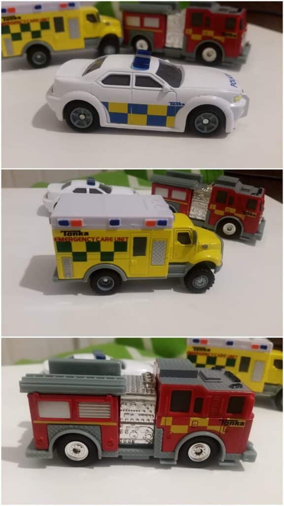 Three photos show toy emergency vehicles: a white police car with blue and yellow chequers, a yellow emergency care unit lorry, and a red fire engine. They are lined up on a white surface, each pictured from the side in close-up.