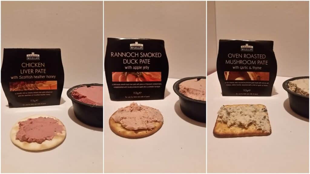 Three packs of pâté are shown: chicken liver with honey, Rannoch smoked duck with apple jelly, and oven-roasted mushroom with thyme. Each pâté is in a black dish with a sample spread on a biscuit in front of its respective pack.