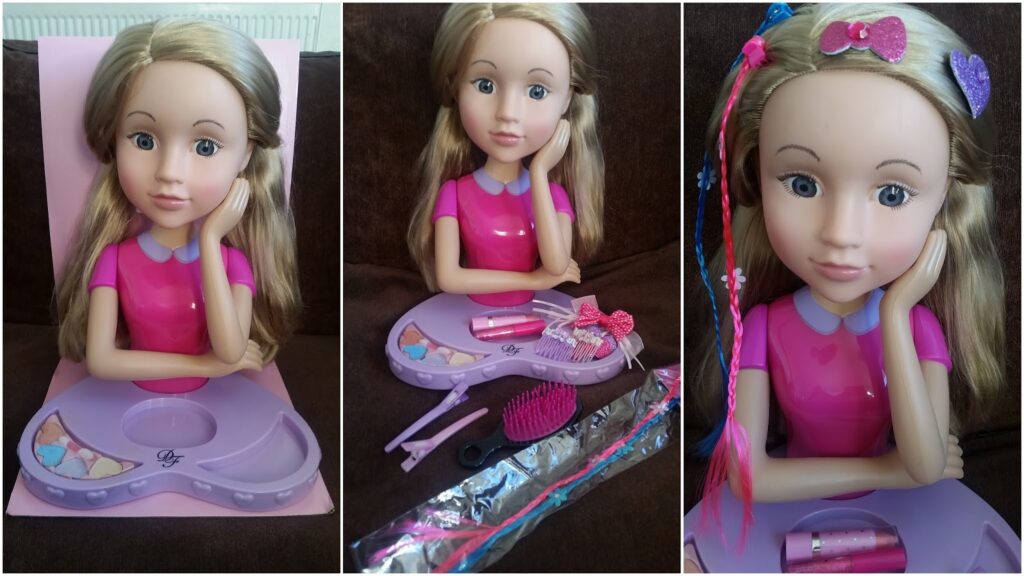 Three photos of a large, blonde, realistic styling doll with a pink top and blue eyes. The doll is shown with beauty accessories: a brush, clips, bows, and hair extensions for practising hairstyling and make-up play.