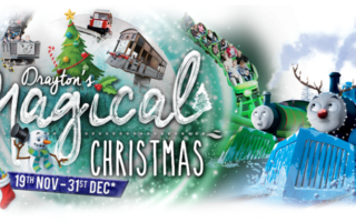 A festive banner with “Drayton’s Magical Christmas” written in snowy letters. Cartoon trains including Thomas, decorations, snowy scenery, a Christmas tree, presents, and candy canes fill the background. Text states the event runs from 19th Nov to 31st Dec.
