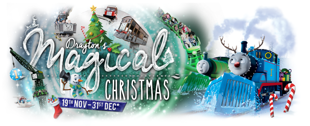 A festive banner with “Drayton’s Magical Christmas” written in snowy letters. Cartoon trains including Thomas, decorations, snowy scenery, a Christmas tree, presents, and candy canes fill the background. Text states the event runs from 19th Nov to 31st Dec.