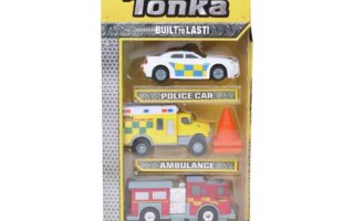 A Tonka 3-pack toy set in a yellow box, featuring die-cast models of a police car, an ambulance, a fire engine, and an orange traffic cone. The box is labelled “Built to Last” and “First Responders”.