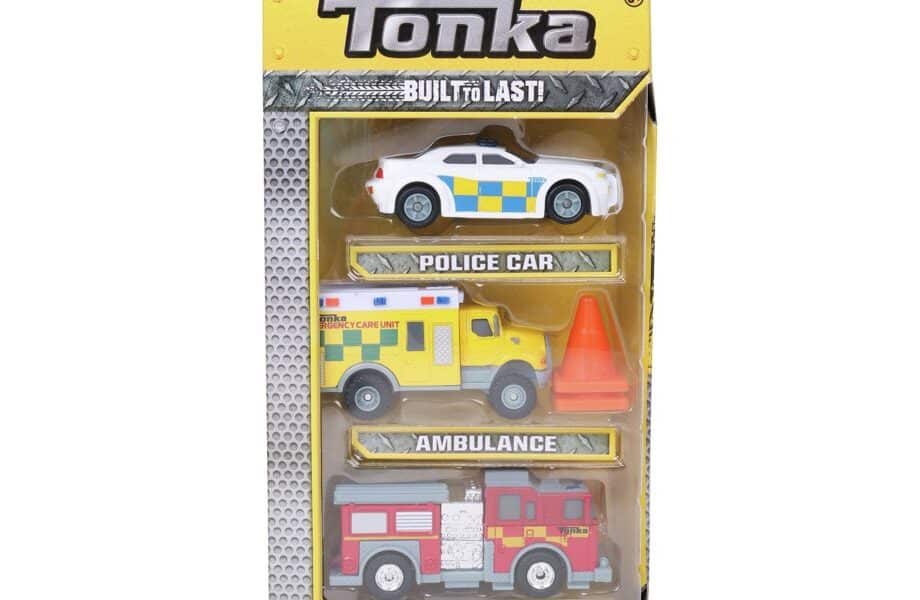 A Tonka 3-pack toy set in a yellow box, featuring die-cast models of a police car, an ambulance, a fire engine, and an orange traffic cone. The box is labelled “Built to Last” and “First Responders”.