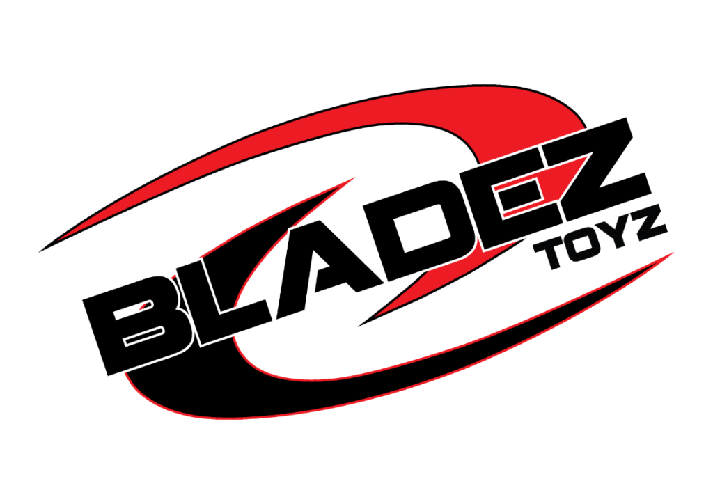 Logo for "Bladez Toyz" with bold, black, angular text. "BLADEZ" is prominent, overlapping a dynamic red and black swoosh shape. "TOYZ" appears smaller, below and to the right of "BLADEZ." The design conveys speed and energy.