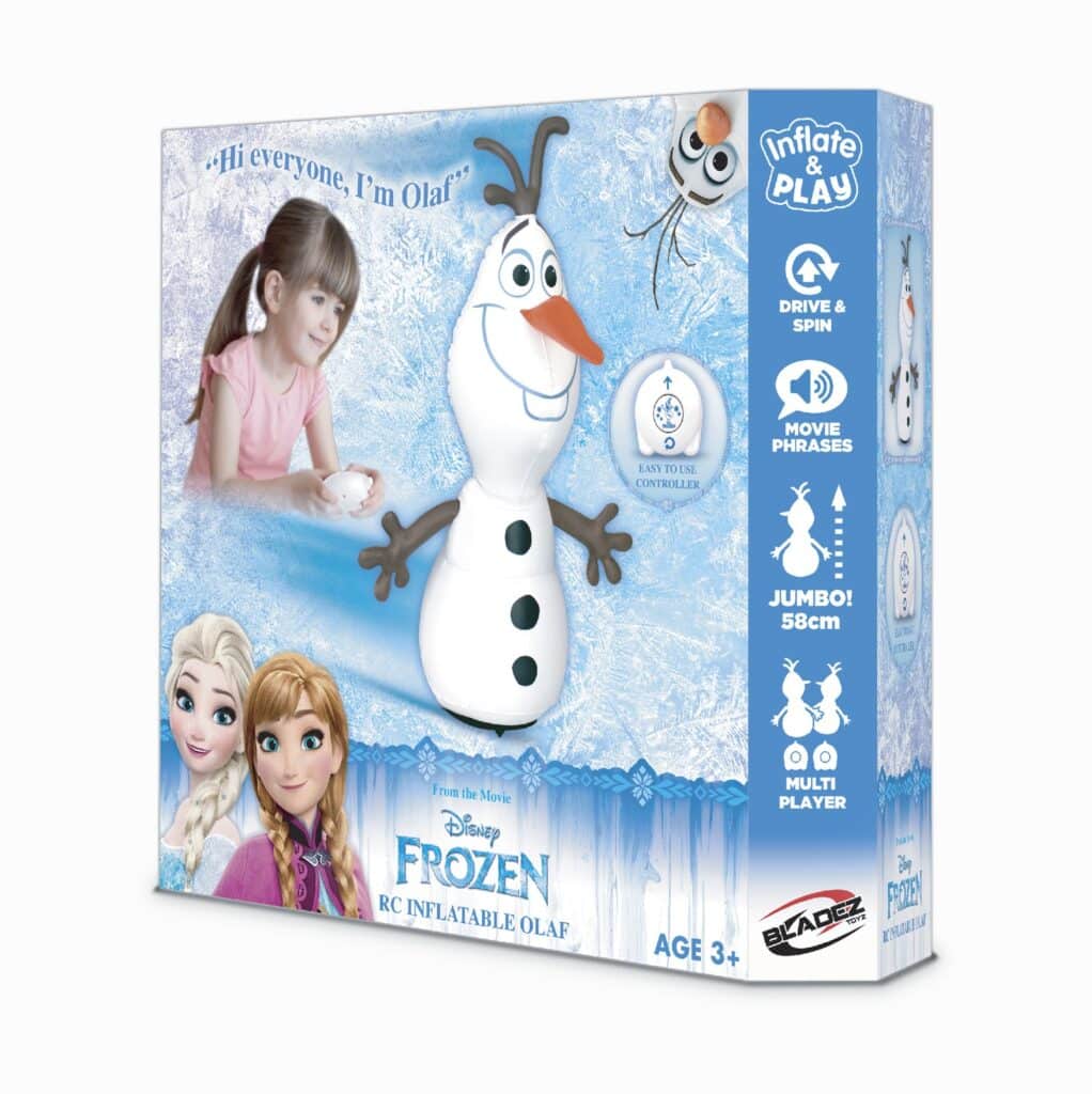 Box for Disney Frozen RC Inflatable Olaf toy. Features images of Elsa, Anna, and Olaf. A child plays with Olaf on the left. Icons show "Drive & Spin," "Movie Phrases," and "Jumbo! 58cm." Text reads "Hi everyone, I’m Olaf!" and "Age 3+.