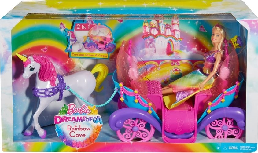 A boxed Barbie Dreamtopia Rainbow Cove playset features a Barbie doll in a pink and purple carriage, pulled by a white unicorn with a rainbow mane. The colourful background shows a castle and rainbows. Text reads: “2 in 1, Carriage Opens & Closes.”.