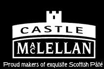 A black and white Castle MacLellan logo featuring a stylised castle above bold text. Below, it reads: “Proud makers of exquisite Scottish Pâté.” The design has a strong, traditional feel, emphasising Scottish heritage and quality.