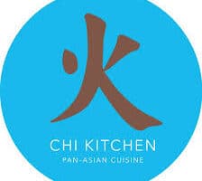 A blue circular logo with a large brown Chinese character in the centre. Below, “CHI KITCHEN” is written in white uppercase letters, and beneath that, smaller white text reads, “PAN-ASIAN CUISINE.”.